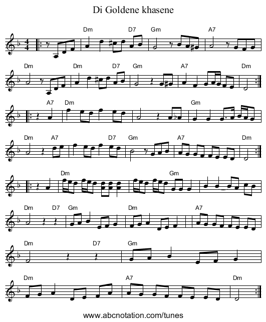 Di Goldene khasene - staff notation