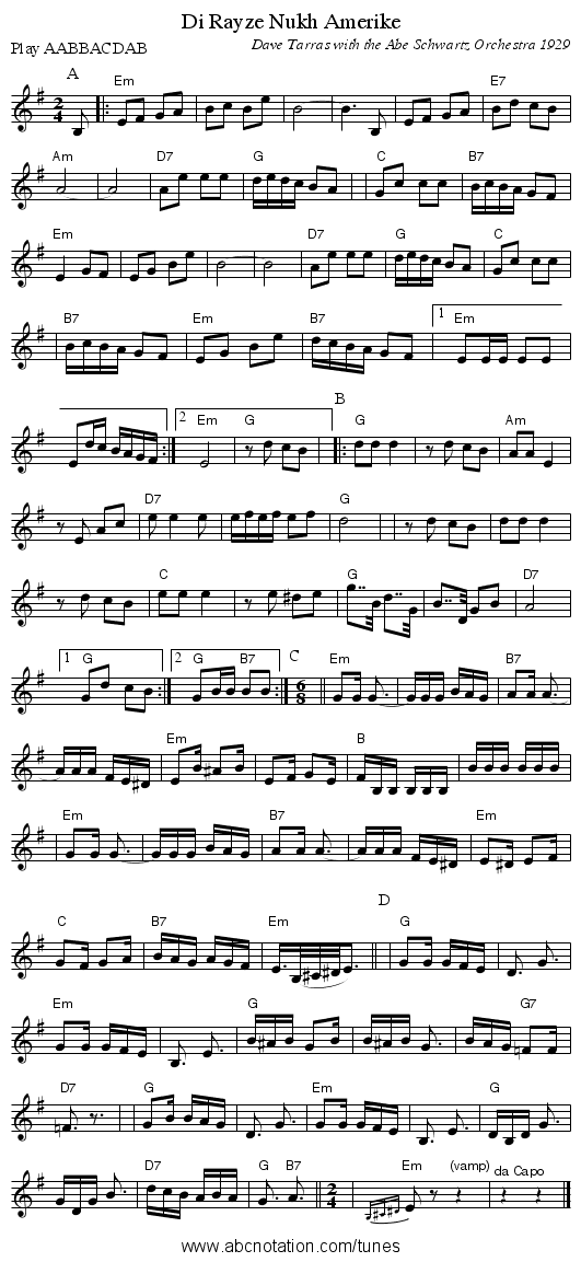 Di Rayze Nukh Amerike - staff notation
