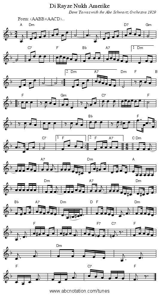 Di Rayze Nukh Amerike - staff notation