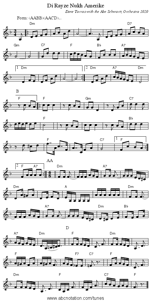 Di Rayze Nukh Amerike - staff notation
