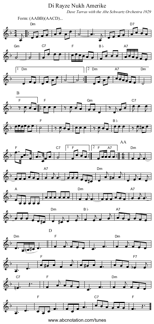 Di Rayze Nukh Amerike - staff notation