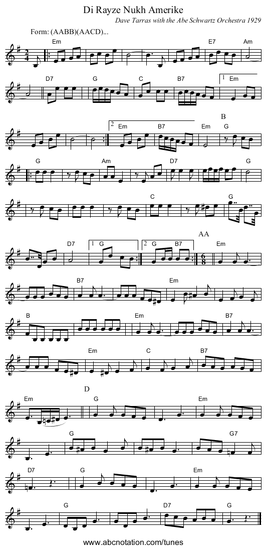 Di Rayze Nukh Amerike - staff notation