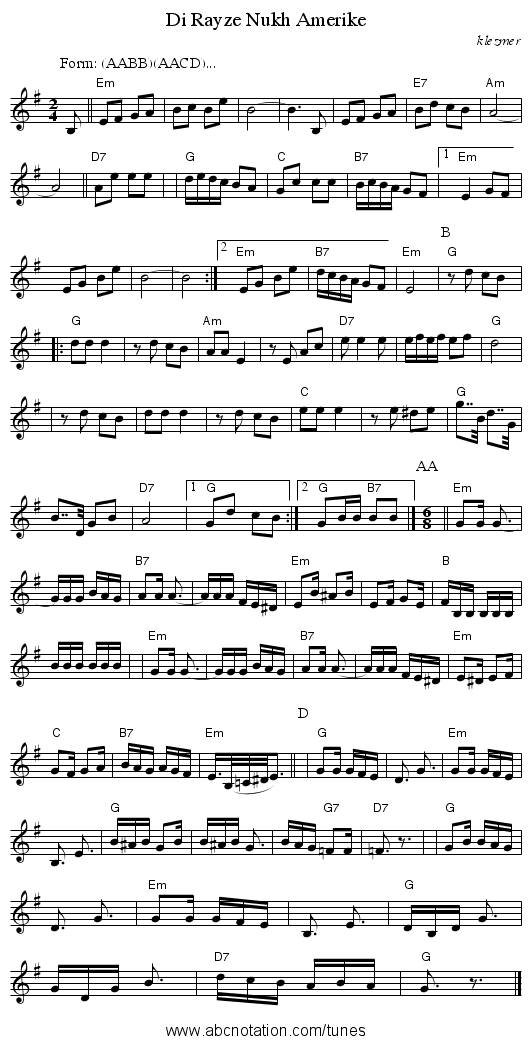 Di Rayze Nukh Amerike - staff notation