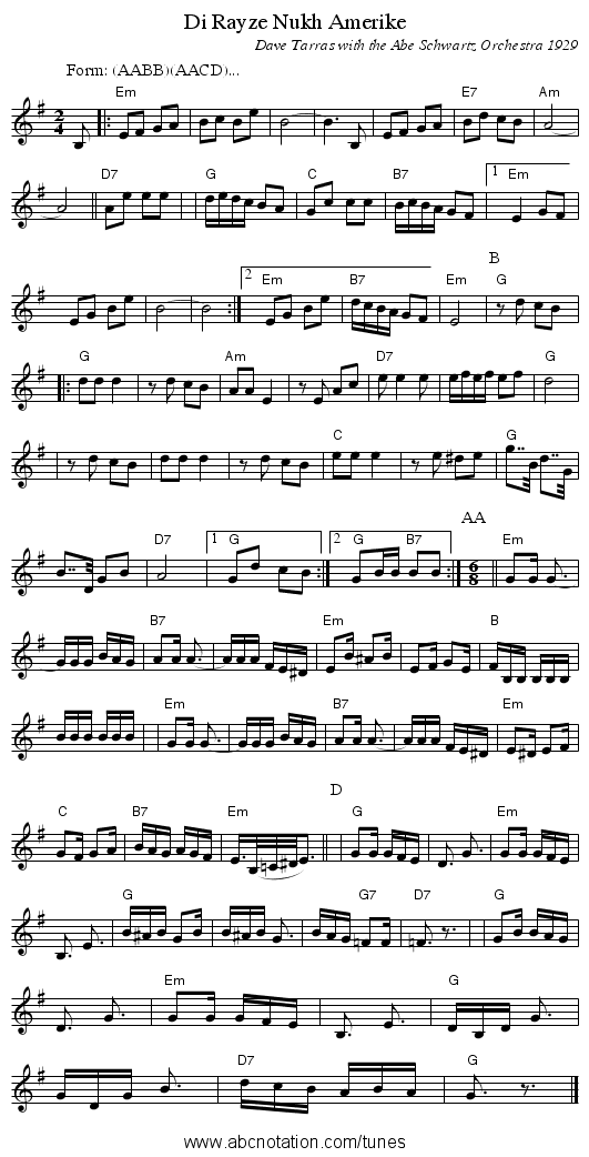 Di Rayze Nukh Amerike - staff notation