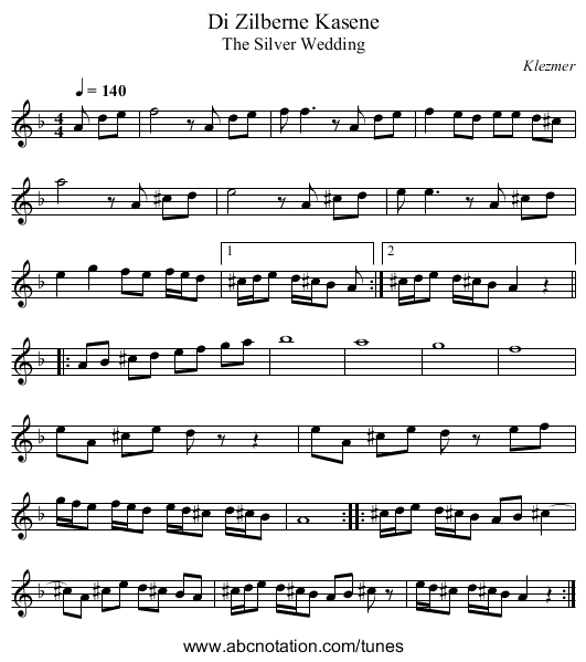 Di Zilberne Kasene - staff notation