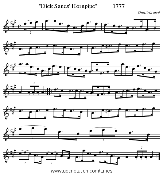 Dick Sands' Hornpipe          1777 - staff notation