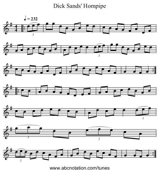 Dick Sands' Hornpipe - staff notation