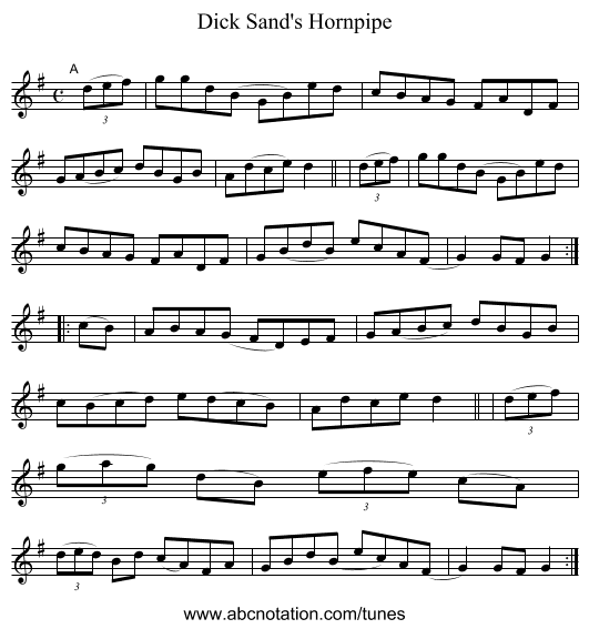 Dick Sand's Hornpipe - staff notation