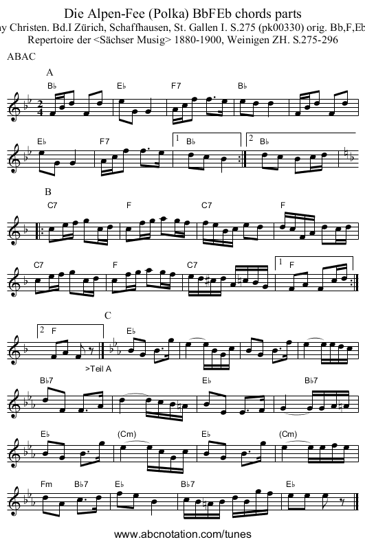 Die Alpen-Fee (Polka) BbFEb chords parts - staff notation