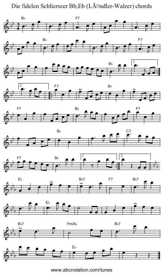 Die fidelen Schlierseer Bb,Eb (LÃ¤ndler-Walzer) chords - staff notation