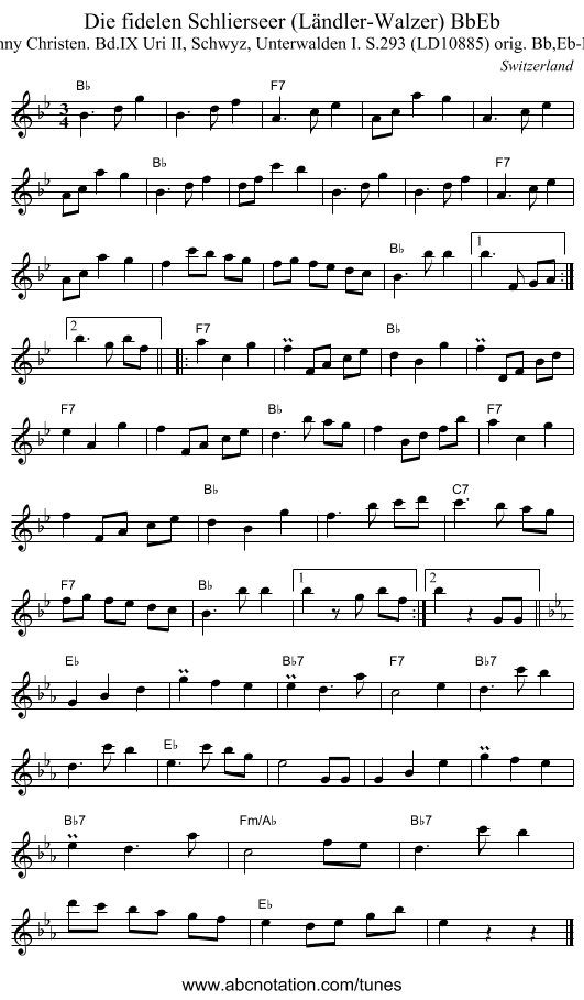 Die fidelen Schlierseer (L&auml;ndler-Walzer) BbEb - staff notation