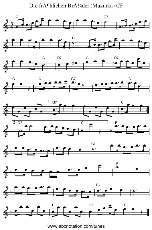 Die frÃ¶hlichen BrÃ¼der (Mazurka) CF - staff notation