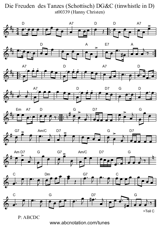 Die Freuden  des Tanzes (Schottisch) DG&C (tinwhistle in D) - staff notation