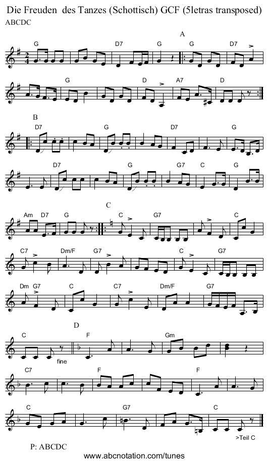 Die Freuden  des Tanzes (Schottisch) GCF (5letras transposed) - staff notation