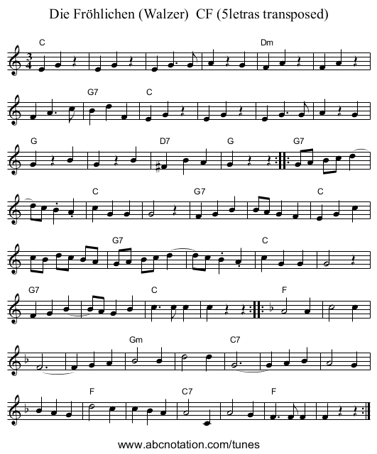 Die Fr&ouml;hlichen (Walzer)  CF (5letras transposed) - staff notation
