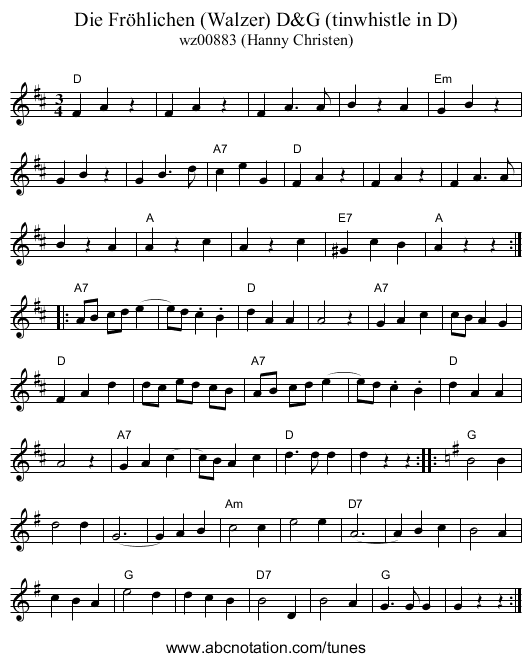 Die Fr&ouml;hlichen (Walzer) D&G (tinwhistle in D) - staff notation