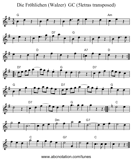 Die Fr&ouml;hlichen (Walzer)  GC (5letras transposed) - staff notation