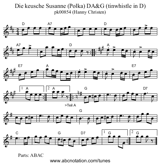Die keusche Susanne (Polka) DA&G (tinwhistle in D) - staff notation