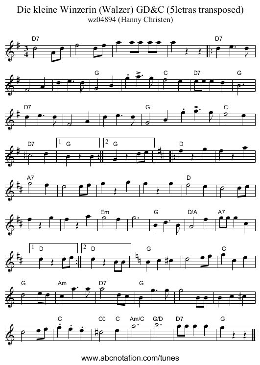 Die kleine Winzerin (Walzer) GD&C (5letras transposed) - staff notation