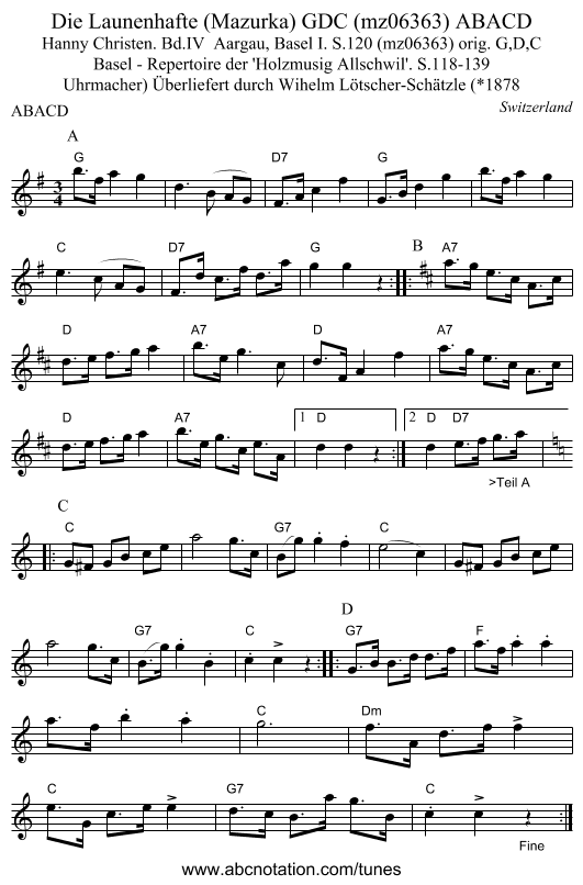 Die Launenhafte (Mazurka) GDC (mz06363) ABACD - staff notation