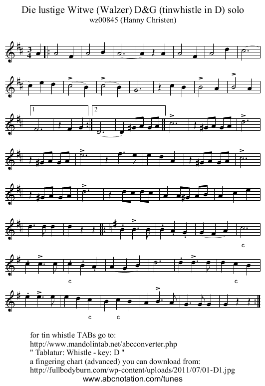 Die lustige Witwe (Walzer) D&G (tinwhistle in D) solo - staff notation
