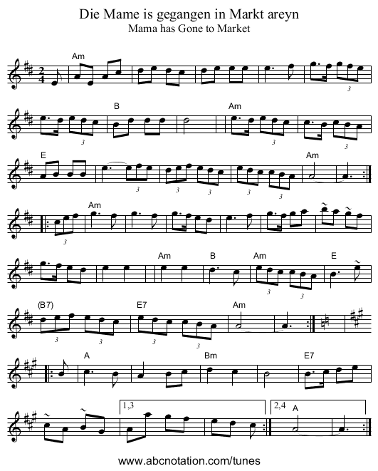 Die Mame is gegangen in Markt areyn - staff notation