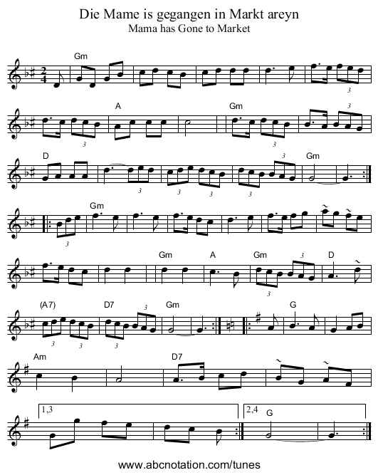 Die Mame is gegangen in Markt areyn - staff notation