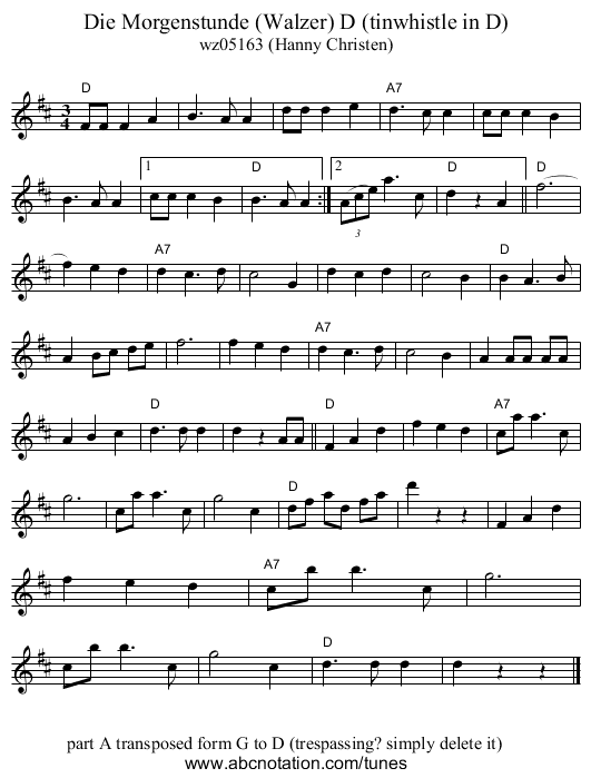Die Morgenstunde (Walzer) D (tinwhistle in D) - staff notation