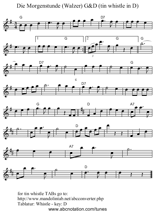 Die Morgenstunde (Walzer) G&D (tin whistle in D) - staff notation