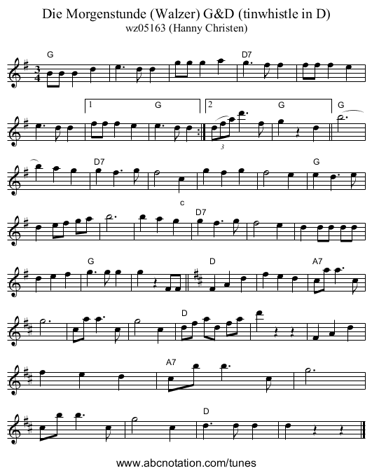 Die Morgenstunde (Walzer) G&D (tinwhistle in D) - staff notation