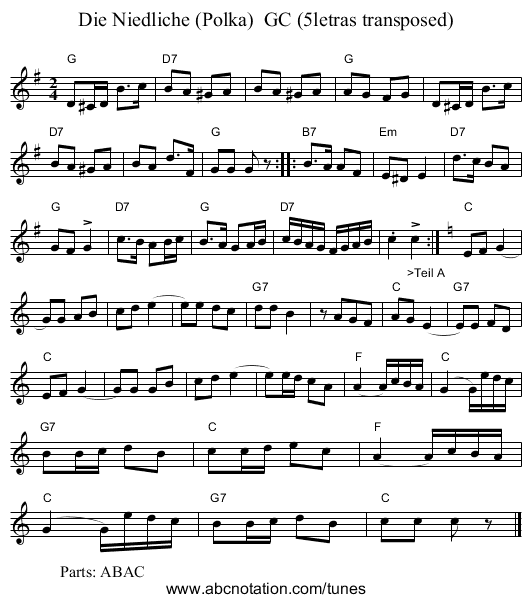 Die Niedliche (Polka)  GC (5letras transposed) - staff notation
