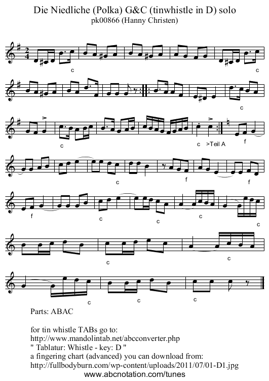 Die Niedliche (Polka) G&C (tinwhistle in D) solo - staff notation