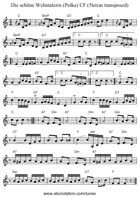 Die sch&ouml;ne Wehntalerin (Polka) CF (5letras transposed) - staff notation