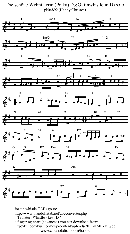 Die sch&ouml;ne Wehntalerin (Polka) D&G (tinwhistle in D) solo - staff notation