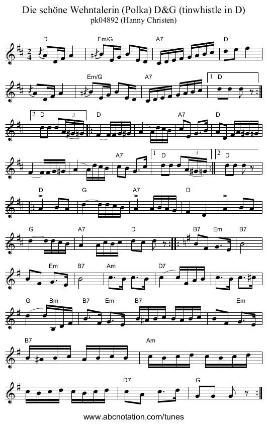 Die sch&ouml;ne Wehntalerin (Polka) D&G (tinwhistle in D) - staff notation
