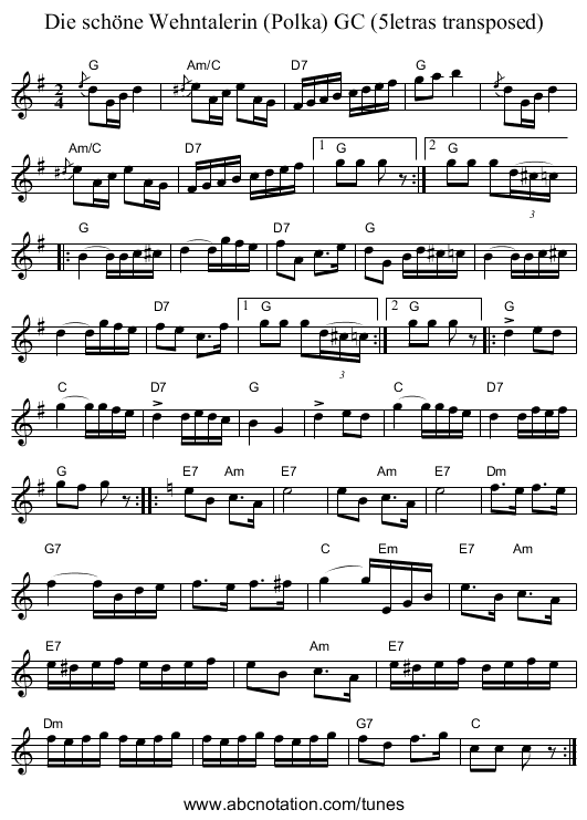 Die sch&ouml;ne Wehntalerin (Polka) GC (5letras transposed) - staff notation