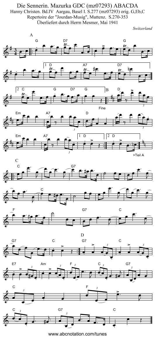 Die Sennerin. Mazurka GDC (mz07293) ABACDA - staff notation