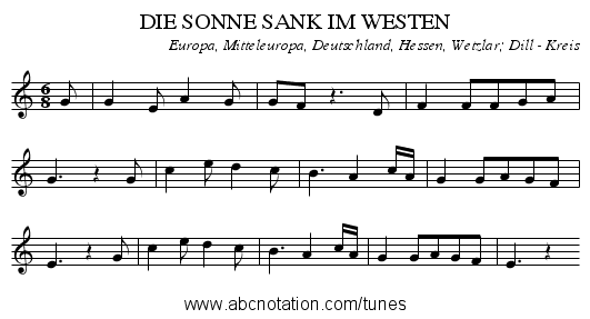 DIE SONNE SANK IM WESTEN - staff notation
