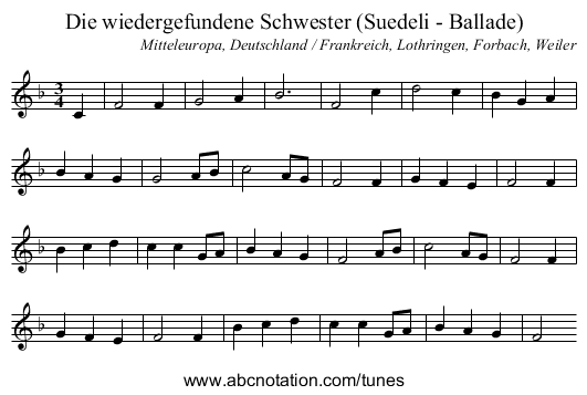 Die wiedergefundene Schwester (Suedeli - Ballade) - staff notation