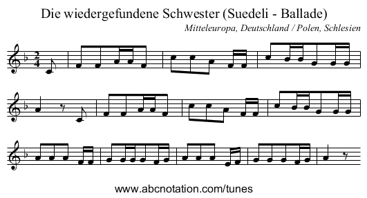 Die wiedergefundene Schwester (Suedeli - Ballade) - staff notation