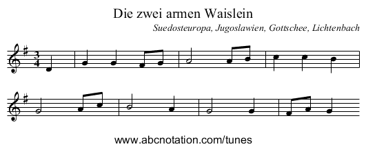 Die zwei armen Waislein - staff notation