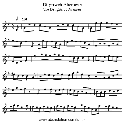 Difyrrwch Abertawe - staff notation