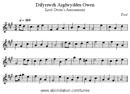 Difyrrwch Arglwyddes Owen - staff notation