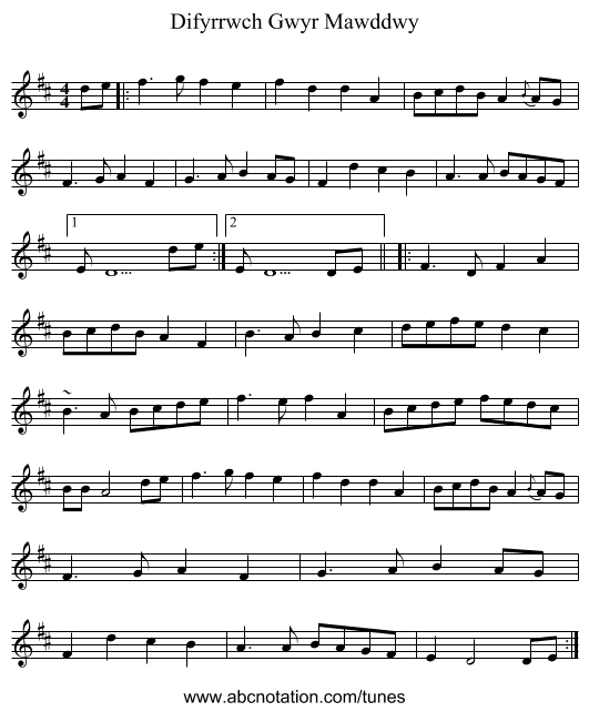 Difyrrwch Gwyr Mawddwy - staff notation