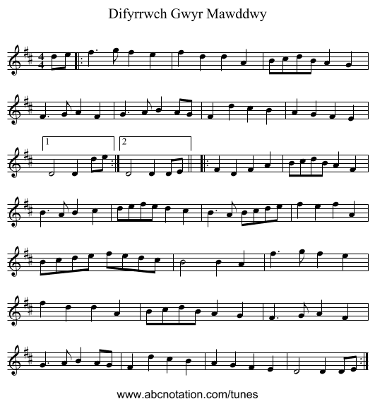 Difyrrwch Gwyr Mawddwy - staff notation