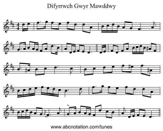 Difyrrwch Gwyr Mawddwy - staff notation