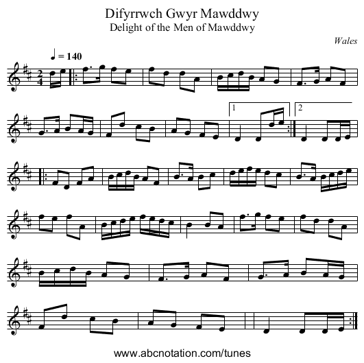 Difyrrwch Gwyr Mawddwy - staff notation