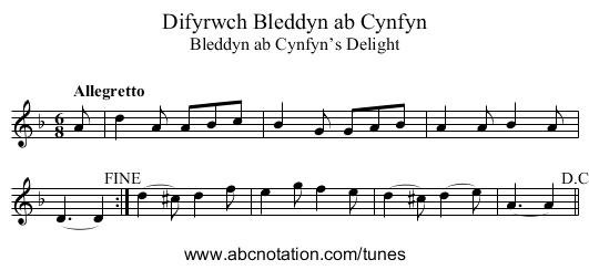 Difyrwch Bleddyn ab Cynfyn - staff notation