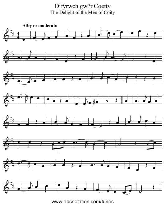 Difyrwch gw?r Coetty - staff notation