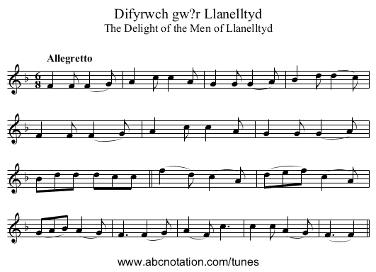Difyrwch gw?r Llanelltyd - staff notation